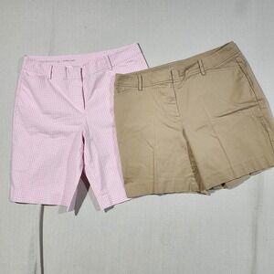 Talbots Perfect Short Lot of 2 Womens 12 Pink Gingham Khaki Chino Shorts Stretch